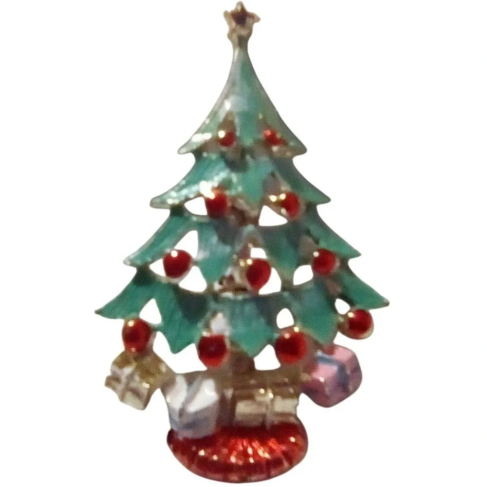 Vintage Red &Green Enamel Rhinestones Christmas Tree, Brooch